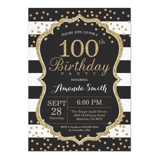 100th-birthday-invitation-black-and-gold-glitter-invitation-zazzle