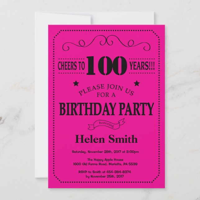 100th Birthday Invitation Black and Hot Pink (Front)