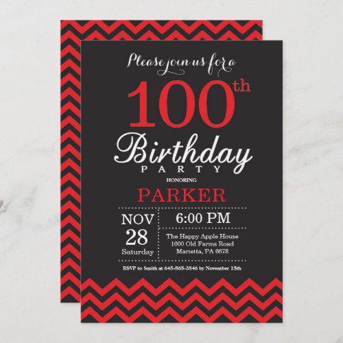 100th Birthday Invitation Black and Red