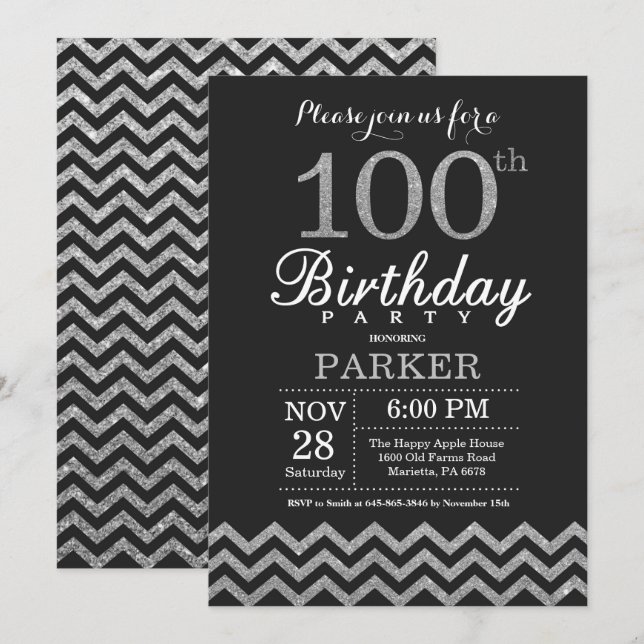 100th Birthday Invitation Black and Silver Glitter (Front/Back)