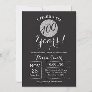 100th Birthday Invitation Black and Silver Glitter