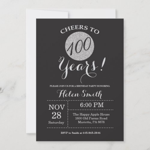 100th Birthday Invitation Black and Silver Glitter