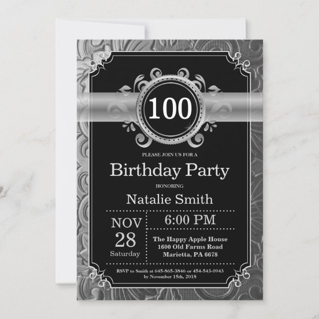 100th Birthday Invitation Black and Silver Glitter (Front)
