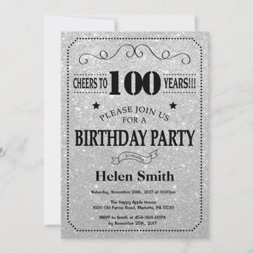 100th Birthday Invitation Black and Silver Glitter | Zazzle