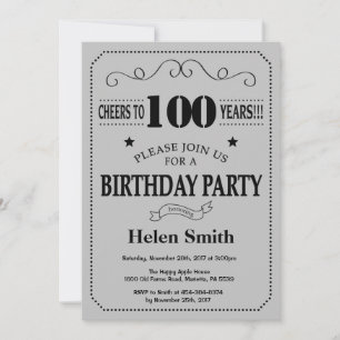 100th Birthday Invitation Black and Silver Gray