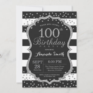 100th Birthday Invitation. Black and Silver Invitation