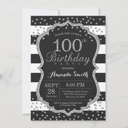 100th Birthday Invitation Black and Silver Invitation