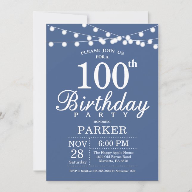 100th Birthday Invitation Blue (Front)