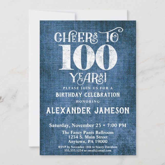 100th Birthday Invitation Blue Linen Rustic Cheers (Front)