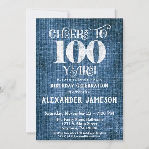 100th Birthday Invitation Blue Linen Rustic Cheers