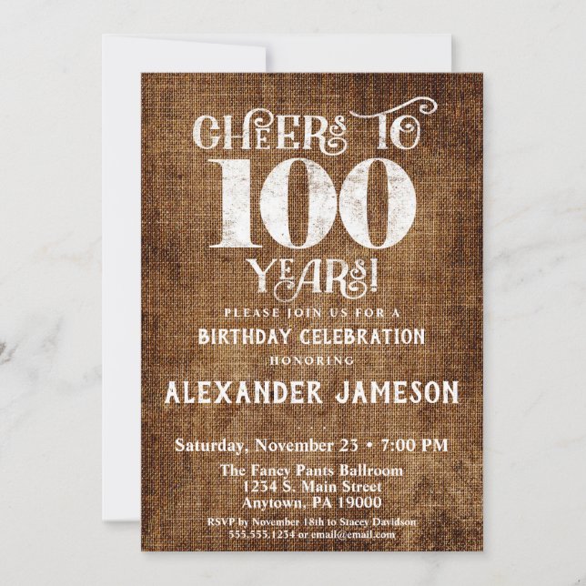 100th Birthday Invitation Brown Linen Rustic Cheer (Front)