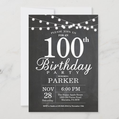 100th Birthday Invitation Chalkboard String Lights