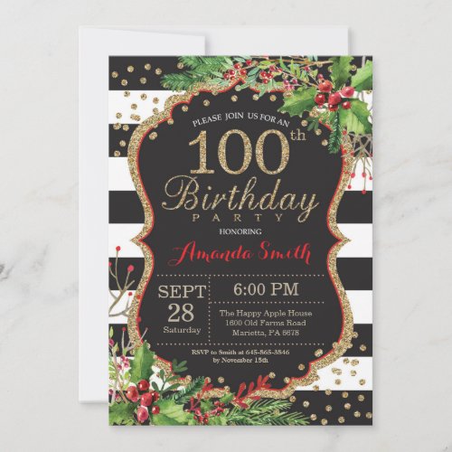 100th Birthday Invitation Christmas Red Black Gold