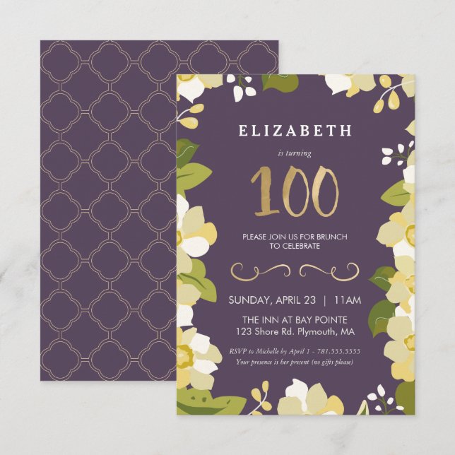 100th Birthday Invitation Customize Floral w/ Gold (Front/Back)