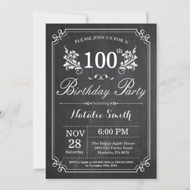 Chalkboard Birthday Invite PERSONALIZED 100th Birthday Invitation Floral Women Birthday Invitation #W153 Digital file