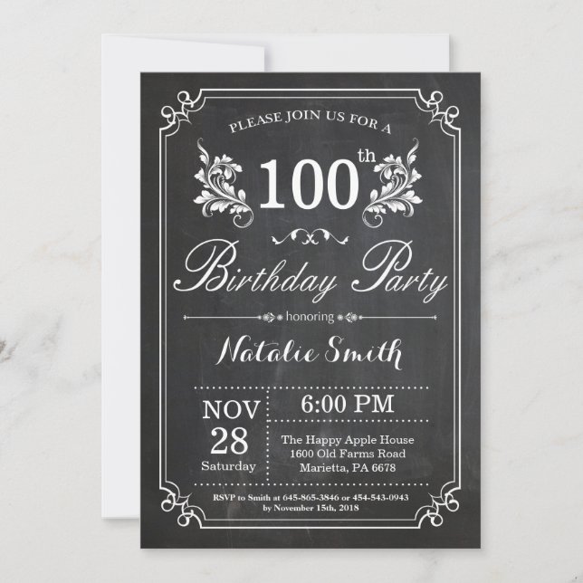 100th Birthday Invitation Floral Chalkboard (Front)