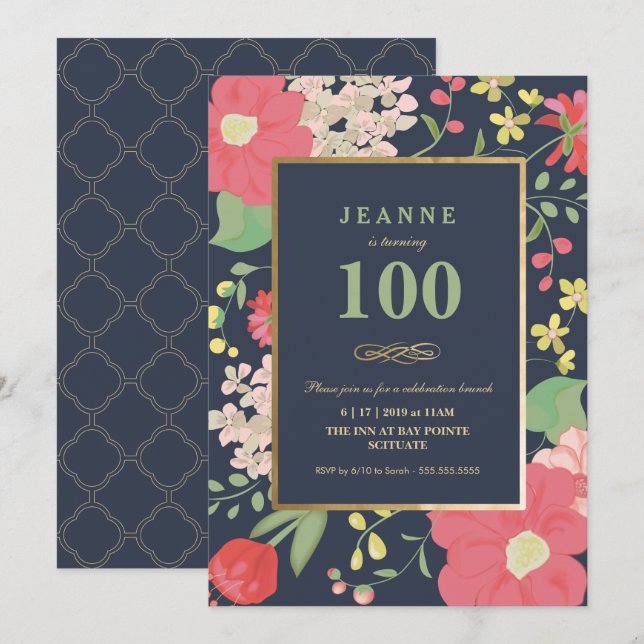 100th Birthday Invitation - Gold, Elegant Floral (Front/Back)