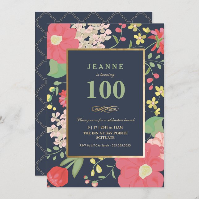 100th Birthday Invitation - Gold, Elegant Floral (Front/Back)