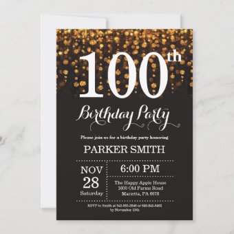 100th Birthday Invitation Gold Glitter | Zazzle