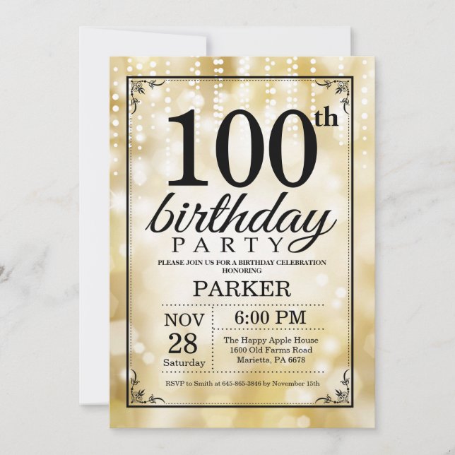 100th Birthday Invitation Gold Glitter (Front)
