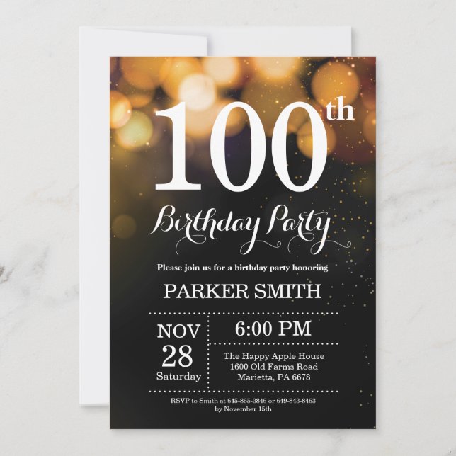 100th Birthday Invitation Gold Glitter (Front)