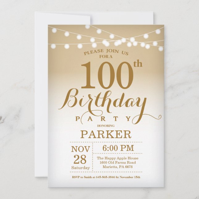 100th Birthday Invitation Gold String Lights (Front)
