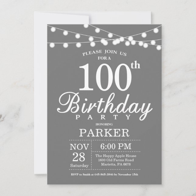 100th Birthday Invitation Gray and White (Front)