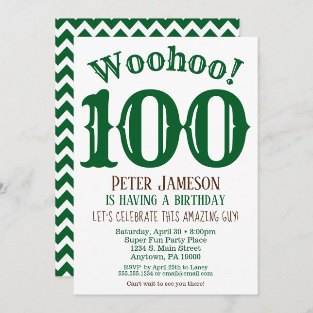 100th Birthday Invitation Mens Green Brown (Front/Back)