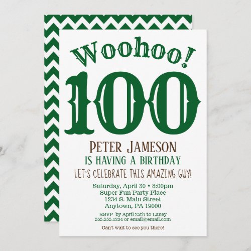100th Birthday Invitation Mens Green Brown