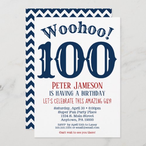 100th Birthday Invitation Mens Navy Blue