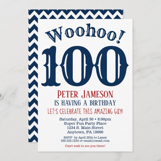 100th Men's Birthday Invitation - Blue Chevron