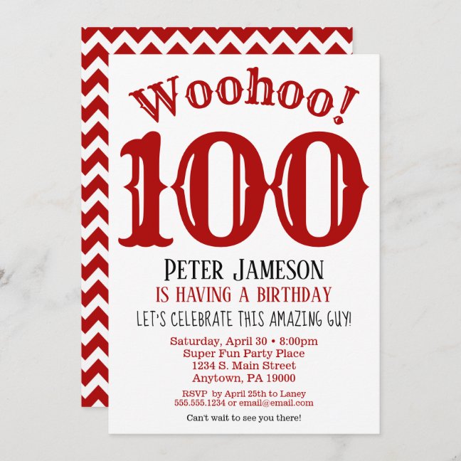 100th Men's Birthday Invitation - Red Chevron