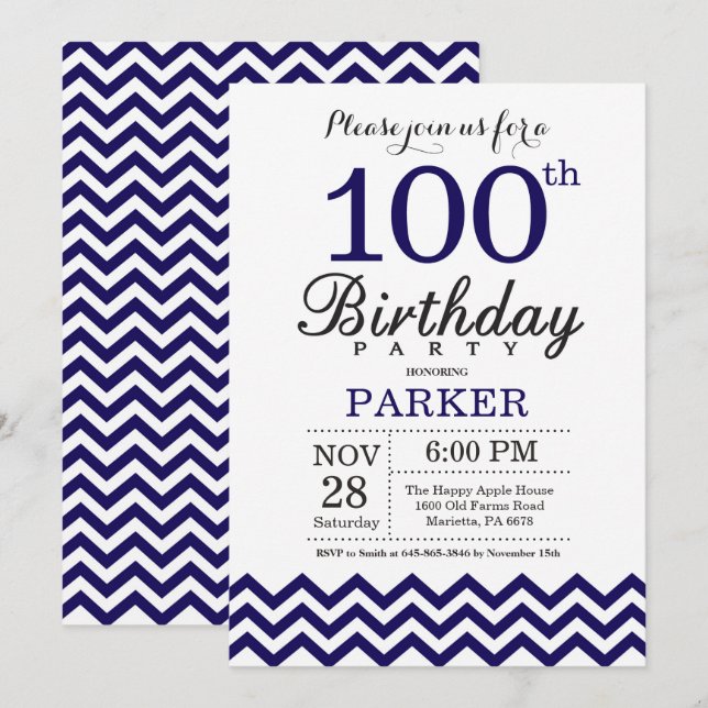 100th Birthday Invitation Navy Blue Chevron (Front/Back)