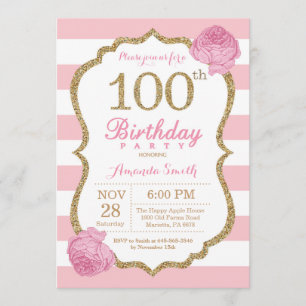 100th Birthday Invitation Pink and Gold Floral
