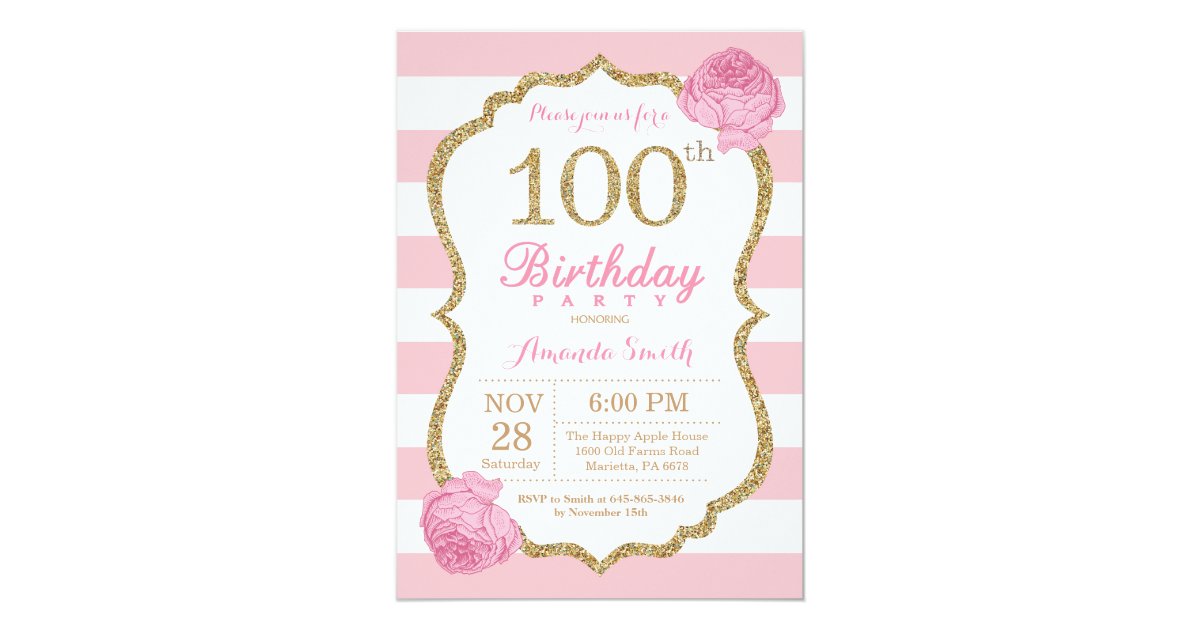 100th Birthday Invitation Pink and Gold Floral | Zazzle.com