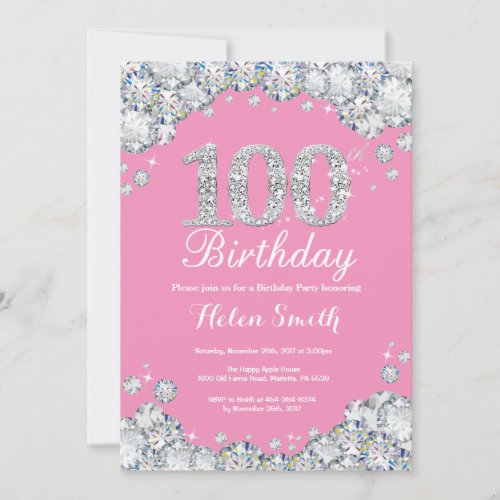 100th Birthday Invitation Pink and Silver Diamond