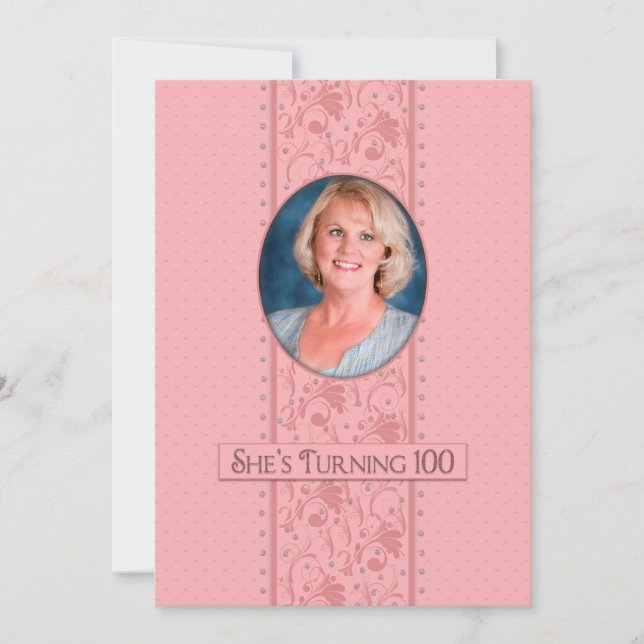 100th Birthday Invitation, Pink &Feminine, Photo Invitation (Front)
