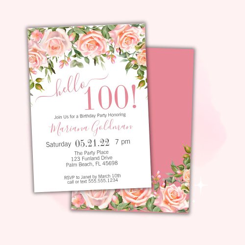 100th Birthday Invitation Pink Floral Modern Party