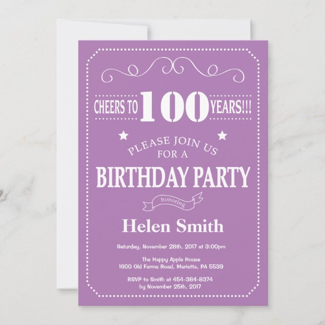100th Birthday Invitation Purple and Whit (Front)