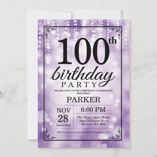 100th Birthday Invitation Purple Glitter (Front)