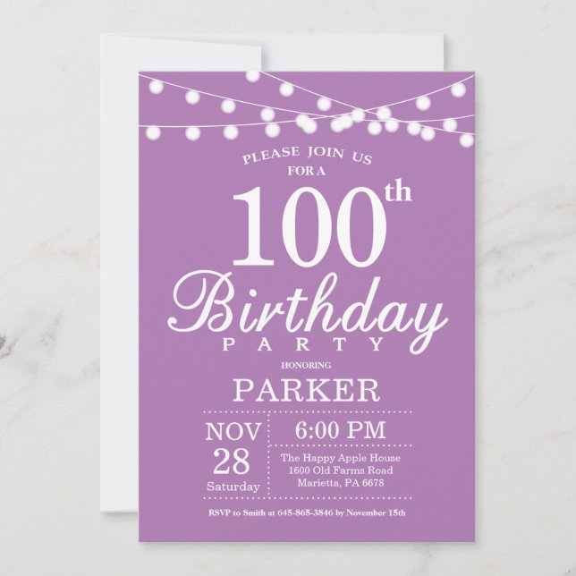 100th Birthday Invitation Purple Lavender Lilac (Front)