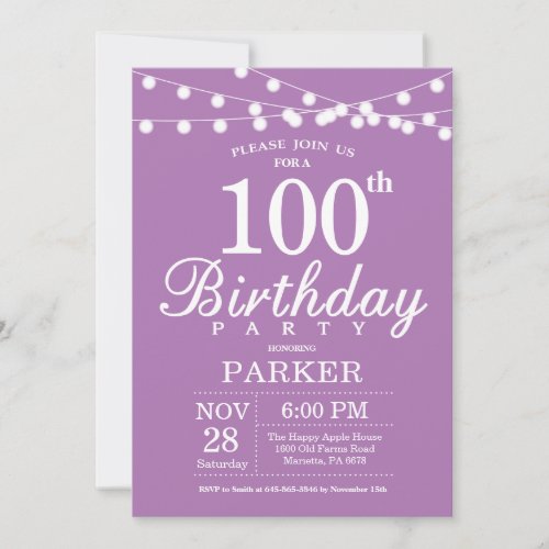 100th Birthday Invitation Purple Lavender Lilac