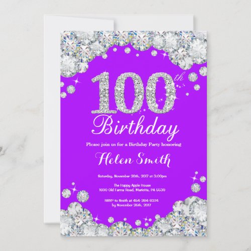 100th Birthday Invitation Purple Silver Diamond