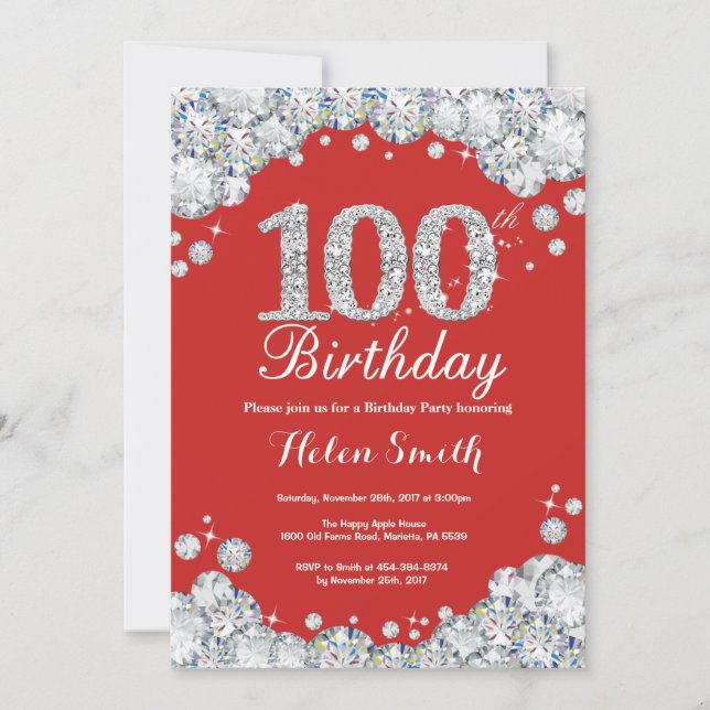 100th Birthday Invitation Red and Silver Diamond (Front)