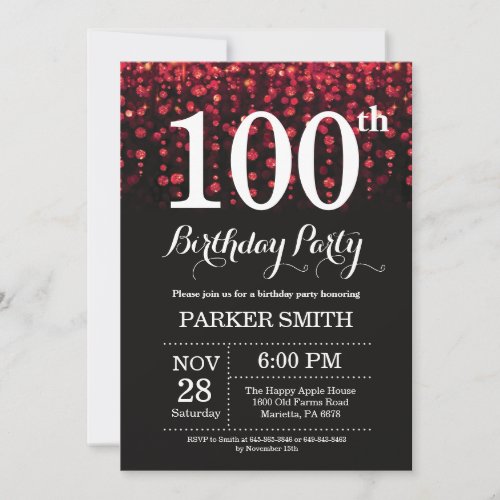 100th Birthday Invitation Red Glitter