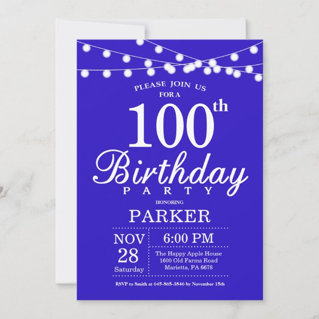 100th Birthday Invitation Royal Blue (Front)