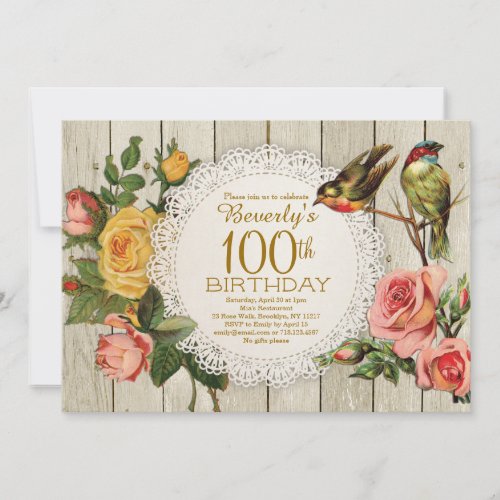100th Birthday Invitation Rustic Rose Floral Birds