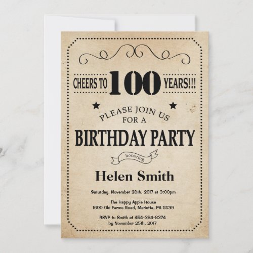 100th Birthday Invitation Rustic Vintage Retro