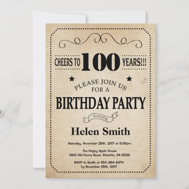 100th Birthday Invitation Rustic Vintage Retro (Front)