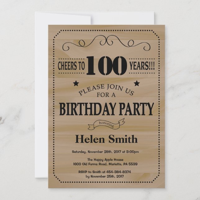 100th Birthday Invitation Rustic Wood (Front)